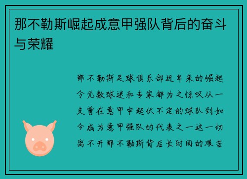 那不勒斯崛起成意甲强队背后的奋斗与荣耀